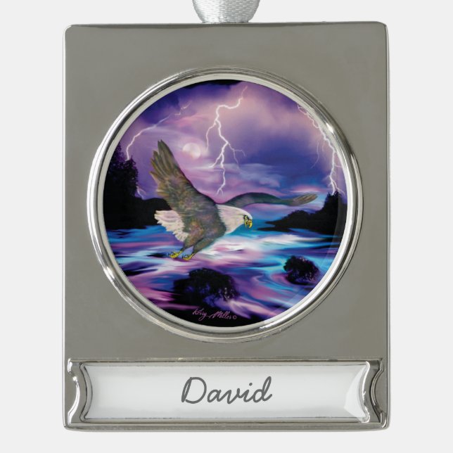 Soaring Bald Eagle Silver Plated Banner Ornament (Front)