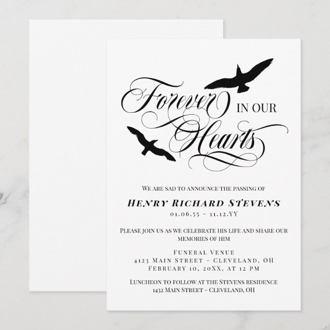 Soaring Birds Forever In Our Hearts Funeral Invitation (Front/Back)
