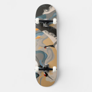 Soaring Cranes Over River Skateboard