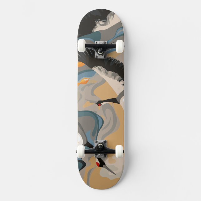Soaring Cranes Over River Skateboard (Front)
