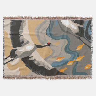 Soaring Cranes Over River Throw Blanket