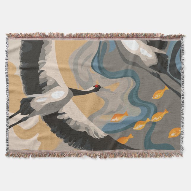 Soaring Cranes Over River Throw Blanket (Front)