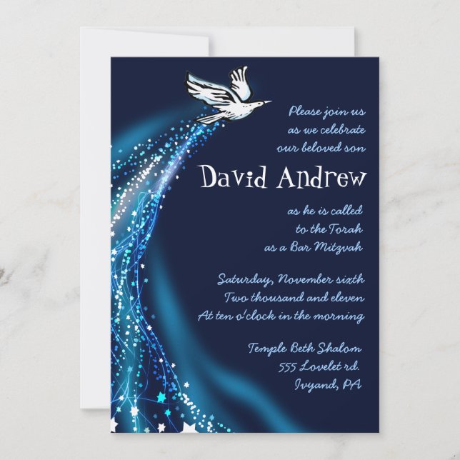 Soaring Dove Bat Bar Mitzvah Invitation blue (Front)