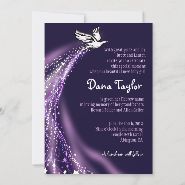Soaring Dove Jewish Baby Naming Invitation Hebrew (Front)