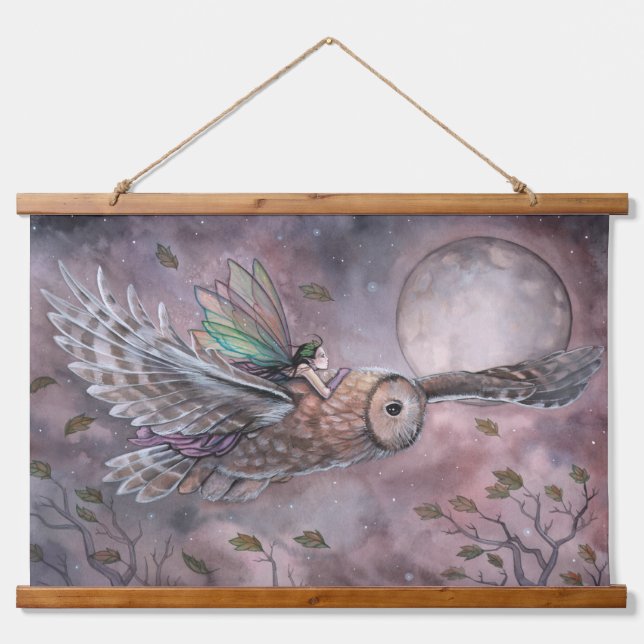 Soaring Fairy and Owl Fantasy Art Hanging Tapestry (Front)