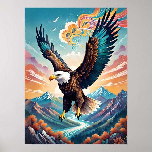 Soaring Free: Majestic Boho Eagle Illustration Poster (Front)