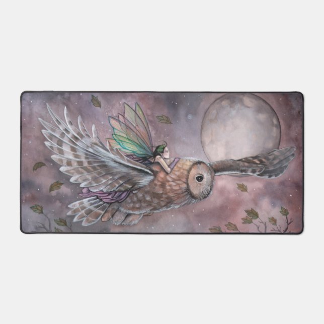 Soaring Owl and Fairy by Moonlight Fantasy Art Desk Mat (Front)