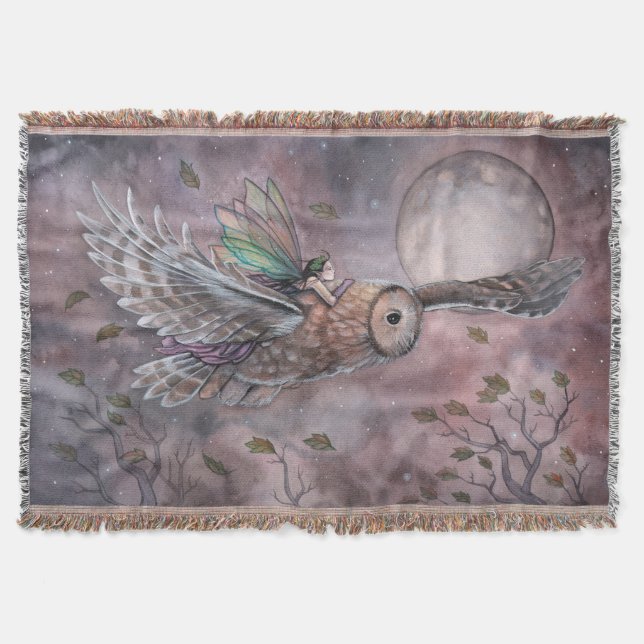 Soaring Owl and Fairy Fantasy Art Throw Blanket (Front)