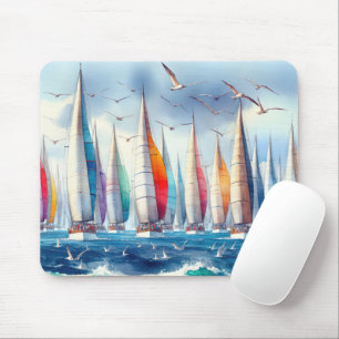 Soaring Seagulls With Sailboat Regatta Mouse Mat