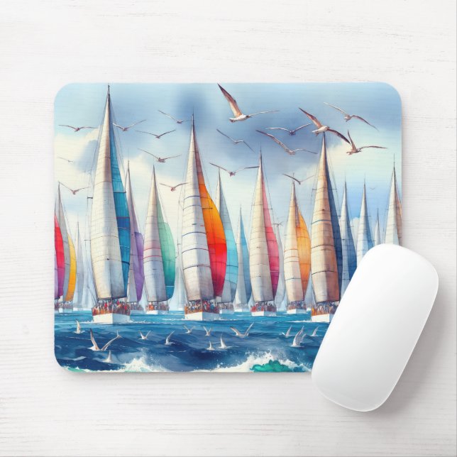 Soaring Seagulls With Sailboat Regatta Mouse Mat (With Mouse)