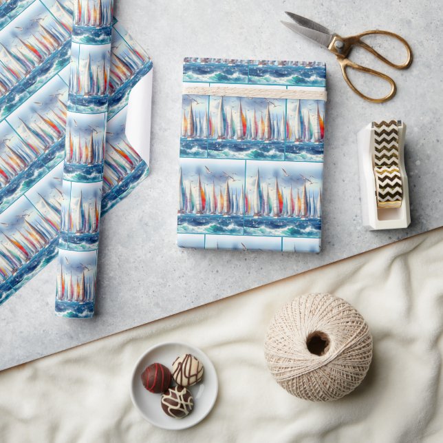 Soaring Seagulls With Sailboat Regatta Wrapping Paper (Crafts)