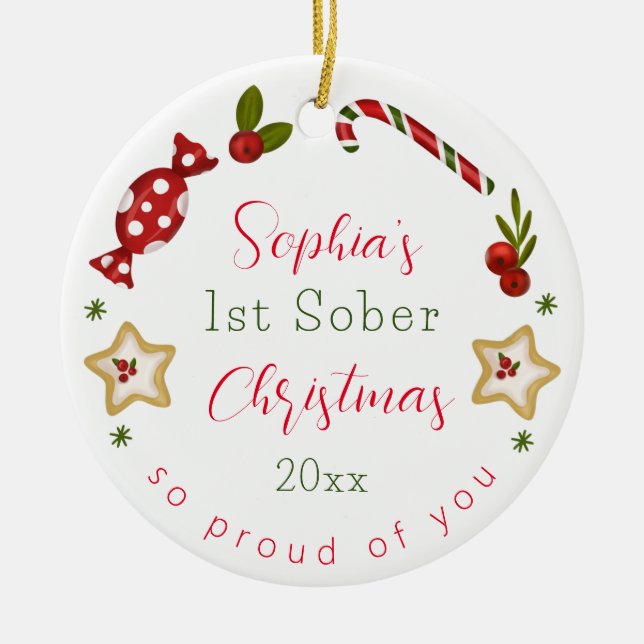Sobriety XMAS Gift Any Name & sober date Christmas Ceramic Tree Decoration (Front)