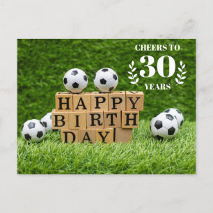Soccer 30th Birthday card with balls on green 