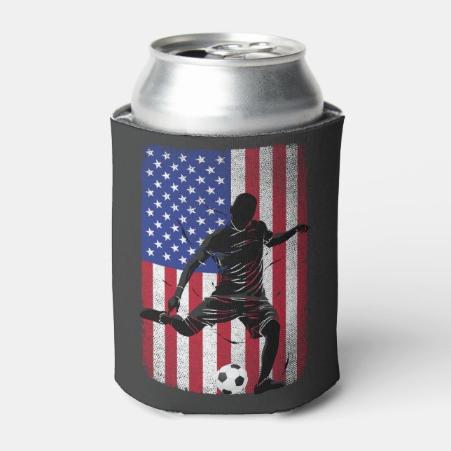 Soccer 4th of July Patriotic USA American Flag  Can Cooler (Can Front)