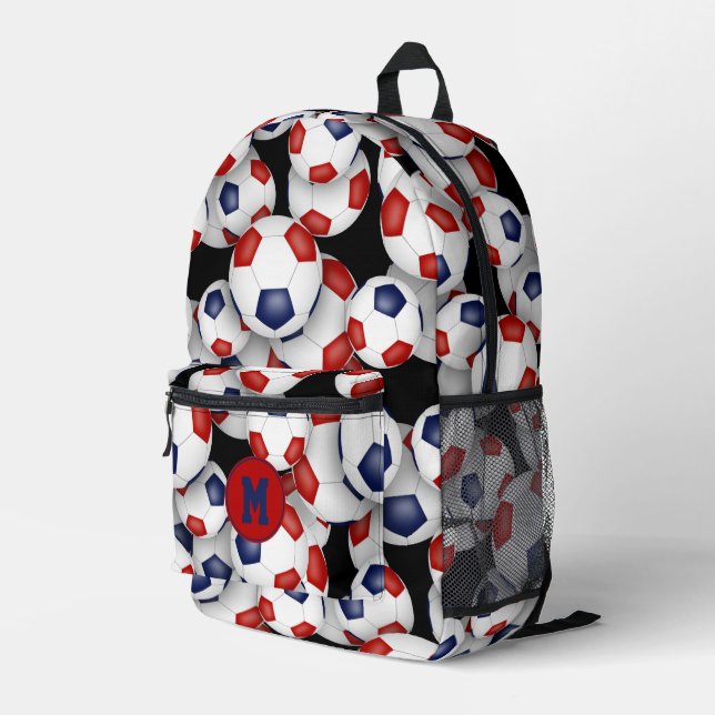 soccer athlete red blue team colours  printed backpack (Back Corner Right)