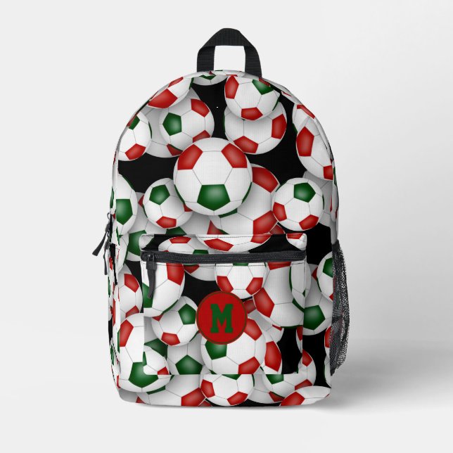soccer athlete red green team colours  printed backpack (Front)
