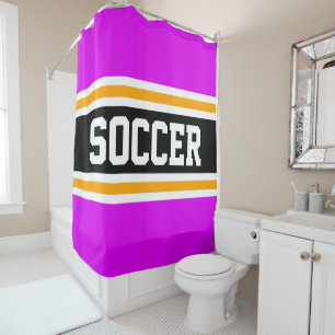 SOCCER Athletic Bright Pink Black Orange Stripes Shower Curtain