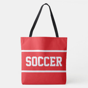 SOCCER Athletic White Text Stripes On Bright Red Tote Bag