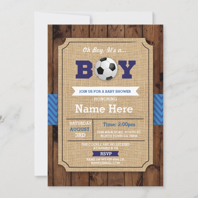 Soccer Baby Shower Boy Blue Wood Football Invite (Front)