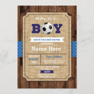 Soccer Baby Shower Boy Blue Wood Football Invite