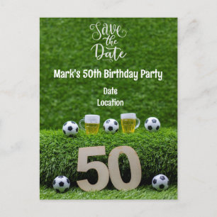 Soccer ball 50th birthday with beer on green  postcard