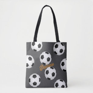 soccer ball  add your name gray  & white  tote bag