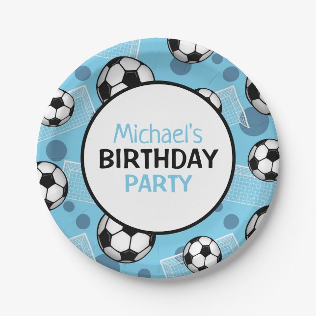 Soccer Ball and Goal Blue Personalised Paper Plate (Front)