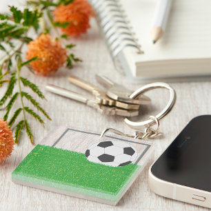 Soccer Ball and Goal Post on Green Grass Field Key Ring