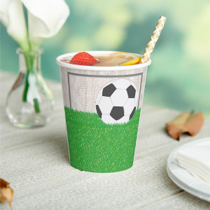 Soccer Ball and Goal Post on Green Grass Field Paper Cups