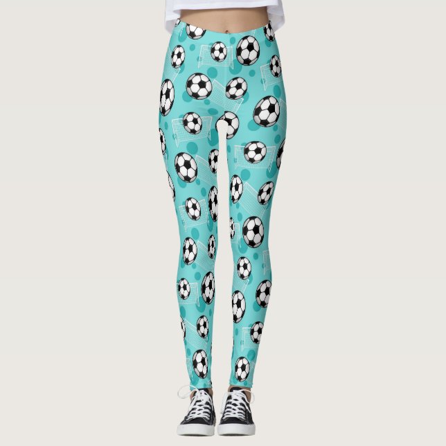 Soccer Ball and Goal Teal Pattern Leggings (Front)