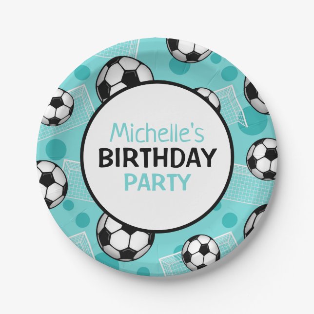 Soccer Ball and Goal Teal Personalised Paper Plate (Front)