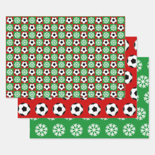 Soccer Ball and Snowflake Red and Green Christmas  Wrapping Paper Sheet