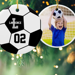 Soccer Ball and Soccer Player Photo Ceramic Tree Decoration