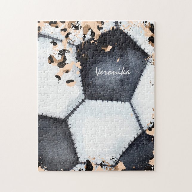 Soccer Ball Animal Print & Girls Kids Name Chic Jigsaw Puzzle (Vertical)