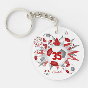 Soccer ball blowout girl's red grey personalised key ring