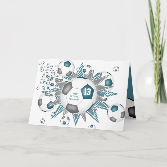 soccer ball blowout girls teal grey birthday card (Front)