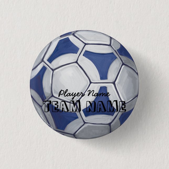 Soccer Ball Blue and White Name and Number 3 Cm Round Badge (Front)