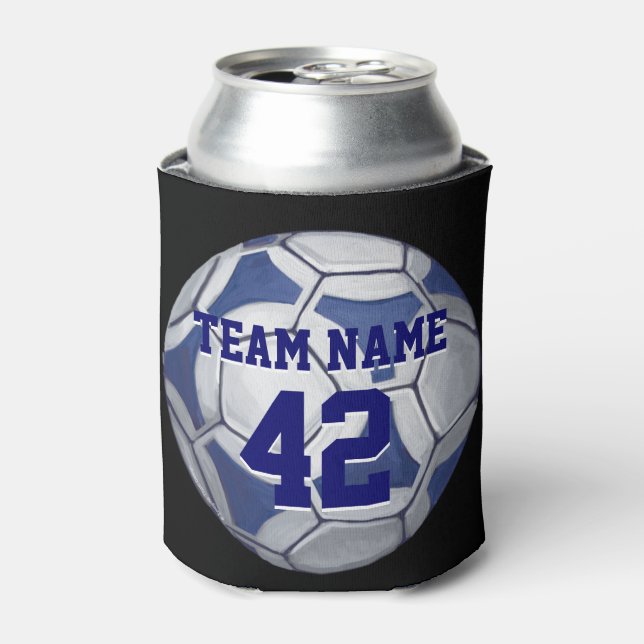 Soccer Ball Blue and White Name and Number Can Cooler (Can Front)