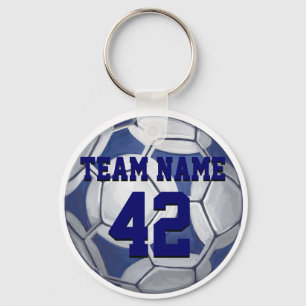 Soccer Ball Blue and White Name and Number Key Ring