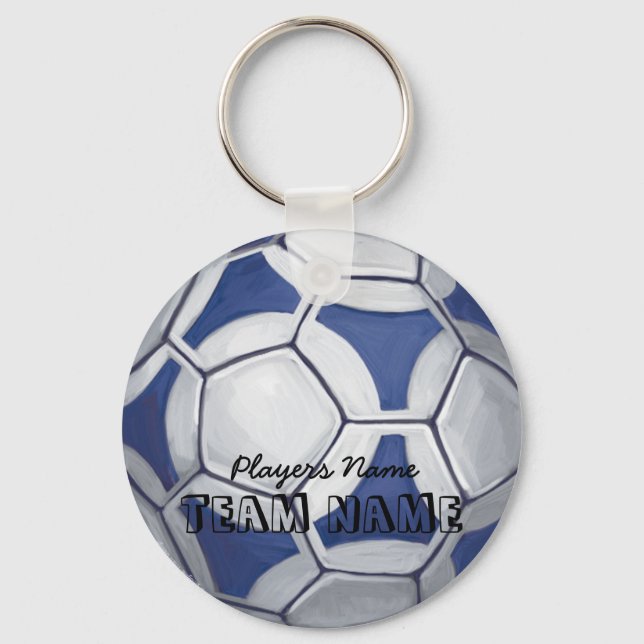 Soccer Ball Blue and White Name and Number Key Ring (Front)