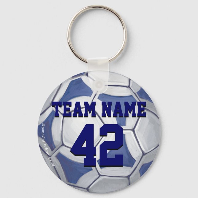 Soccer Ball Blue and White Name and Number Key Ring (Front)