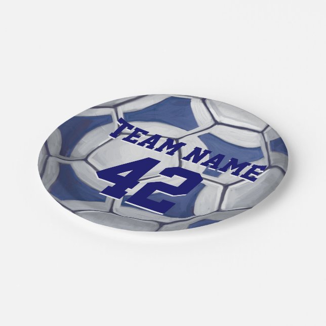 Soccer Ball Blue and White Name and Number Paper Plate (Angled)