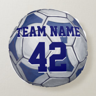 Soccer Ball Blue and White Name and Number Round Cushion