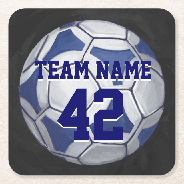 Soccer Ball Blue and White Name and Number Square Paper Coaster (Front)