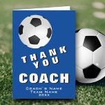 Soccer Ball Blue Thank you Coach Card<br><div class="desc">Modern Soccer Ball Blue Thank you Coach Card. The card has a black and white soccer ball on a blue background. Great card for thanking sports coaches,  high school team trainer,  mum or dad coach,  etc. Customise any text on the card. Add the coach`s name,  team name and year.</div>