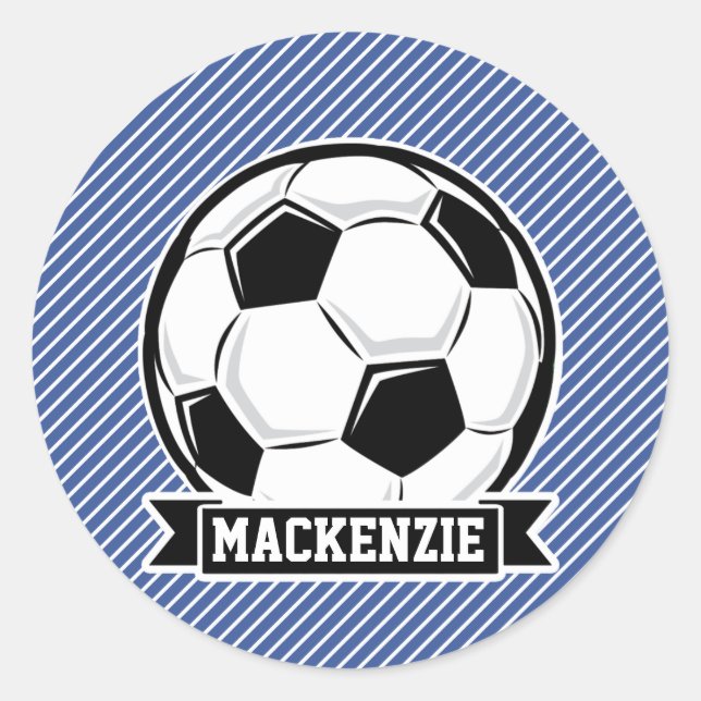 Soccer Ball, Blue & White Stripes, Sports Classic Round Sticker (Front)