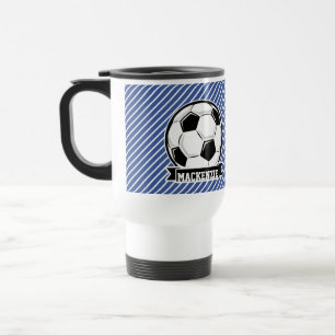 Soccer Ball, Blue & White Stripes, Sports Travel Mug