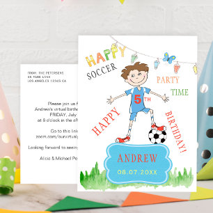 Soccer ball boy birthday virtual party colourful invitation postcard