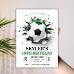 Soccer Ball Breakthrough 10th Birthday Party Invitation<br><div class="desc">Get ready to kick off the fun with this action-packed soccer birthday invitation! Perfect for any soccer enthusiast, this design features a dynamic 3D graphic of a soccer ball smashing through a wall, creating an exciting and high-impact look. The clean, modern layout with bold green and black text is perfect...</div>