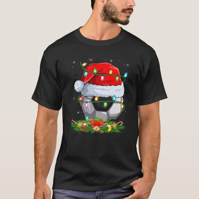 Soccer Ball Christmas Lights Funny Santa Soccer Pl T-Shirt (Front)